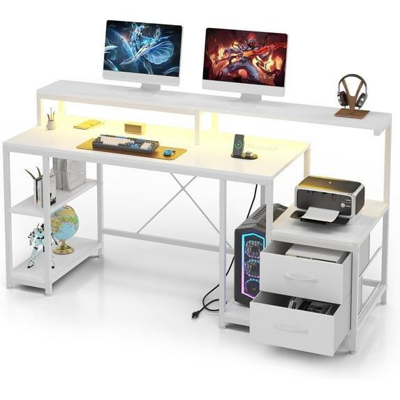 Computer Gaming Desk with File Drawers, 63'' Home Office Desk with Power Outlets & LED Light, Printer Space, Monitor Stand, and Storage Shelves, Ideal for Work Game Study