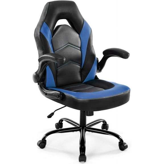 Ergonomic Computer Gaming Chair - Home Office Desk with PU Leather Lumbar Support, Height Adjustable Big and Tall Video Game with Flip-up Armrest, Swivel Wheels for Adults and Teens