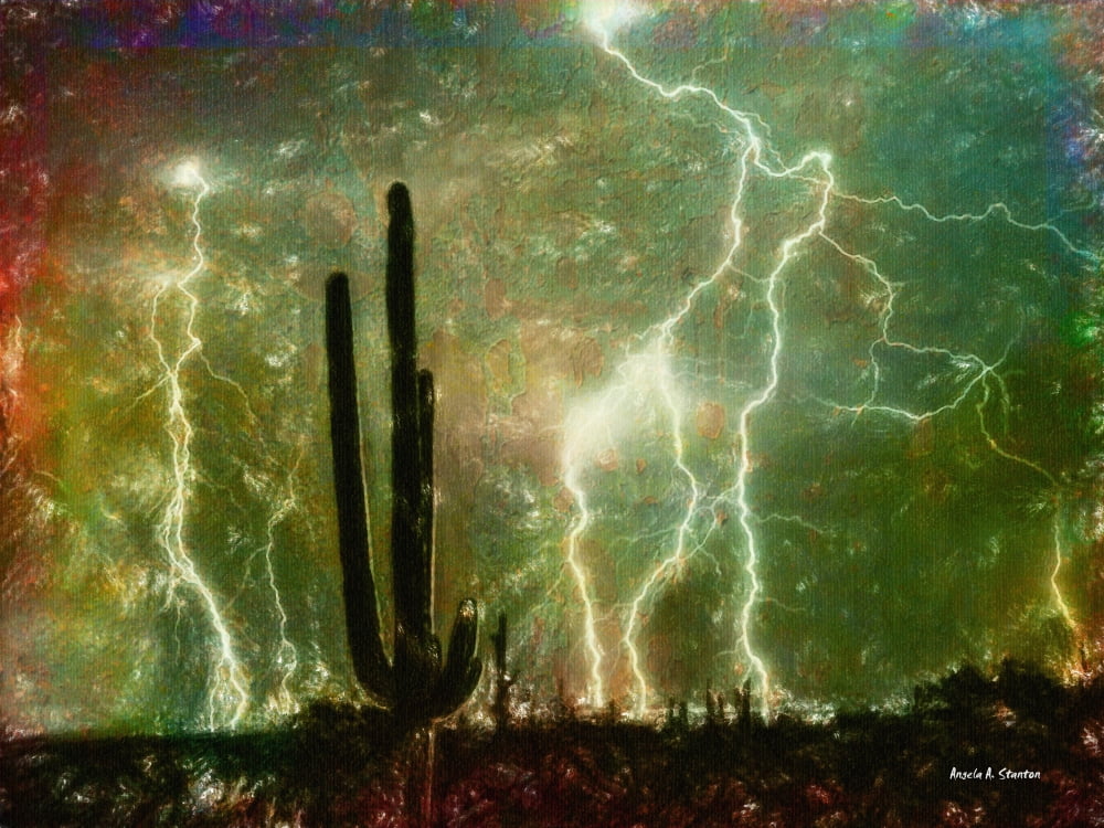 Computer Generated Image Of Lightening Strikes From Cloud To Ground And A Cactus Plant In The Foreground Canvas Art - Angela A Stanton Design Pics (17 x 13)