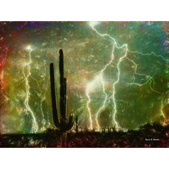 Computer Generated Image Of Lightening Strikes From Cloud To Ground And A Cactus Plant In The Foreground Canvas Art - Angela A Stanton Design Pics (34 x 26)