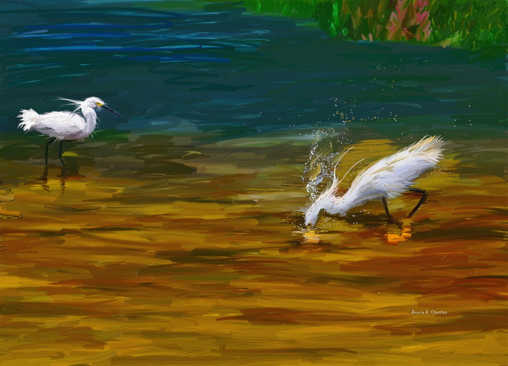 Computer Generated Image Of Bird Wading And Drinking In Shallow Water Canvas Art - Angela A Stanton Design Pics (18 x 13)