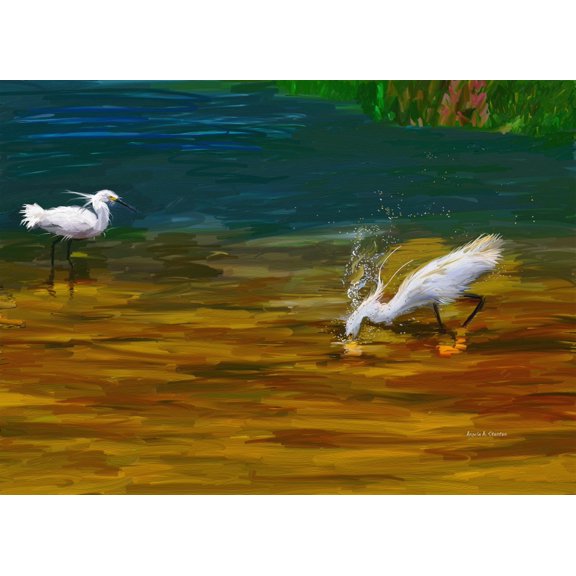 Computer Generated Image Of Bird Wading And Drinking In Shallow Water Canvas Art - Angela A Stanton Design Pics (36 x 26)