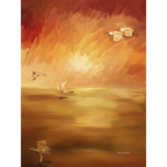Computer Generated Image Of Birds Flying And Landing In Water With Orange And Red Hues Canvas Art - Angela A Stanton Design Pics (13 x 17)