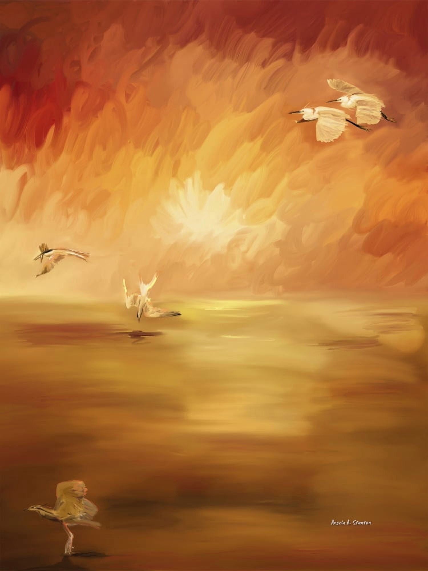 Computer Generated Image Of Birds Flying And Landing In Water With Orange And Red Hues Canvas Art - Angela A Stanton Design Pics (26 x 34)