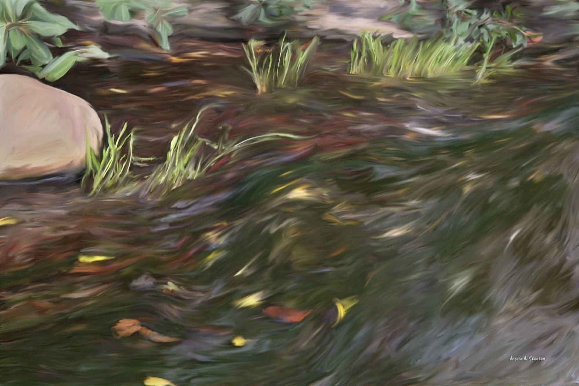 Computer Generated Image Of Water Flowing Along A Shoreline With Floating Autumn Coloured Leaves Canvas Art - Angela A Stanton Design Pics (19 x 12)