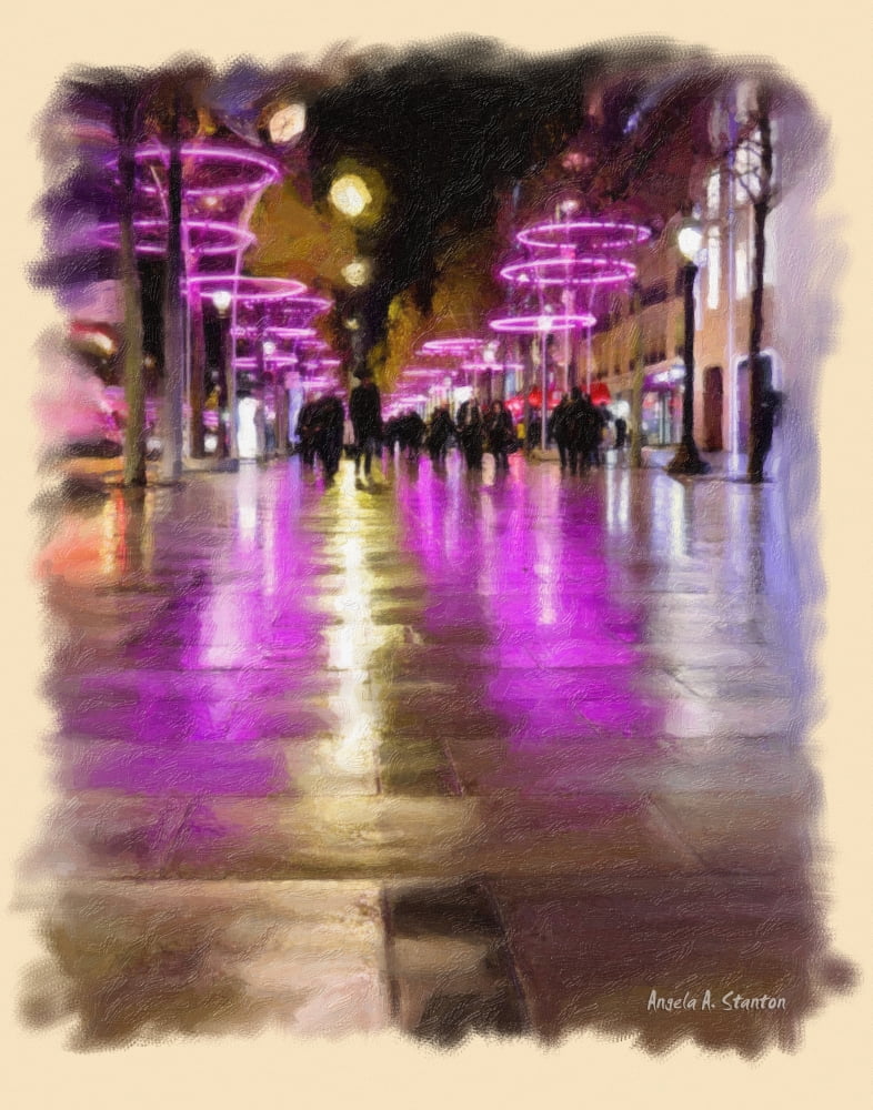 Computer Generated Image Of Pedestrians On A Walkway With Pink Neon Lights Reflecting On The Wet Pavement At Nighttime Canvas Art - Angela A Stanton Design Pics (13 x 17)
