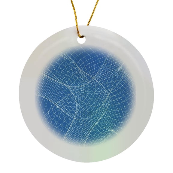 3drose, Computer Generated Sine Wave Curves in White on Blue, Circle Porcelain Ornament