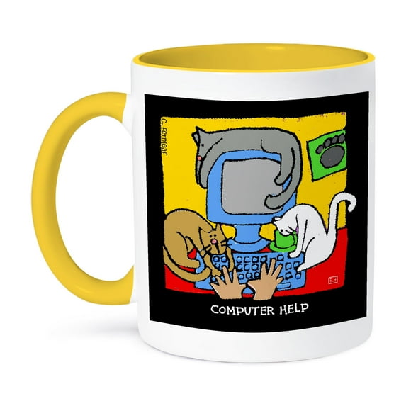 3dRose, Computer Helpers, Cartoon Cats, Cats, Cat, Funny cats, Kittens. Pets, Funny Pets, Animals, 15oz Two-Tone Yellow Mug