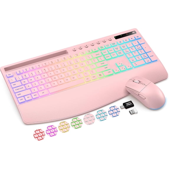 Wireless Keyboard and Mouse Combo, Rechargeable 4000mAh, RGB Backlit, Full Size Keyboard with Wrist Rest & Phone Holder, Quiet 2.4GHz Wireless, USB-A/C for Windows – Pink