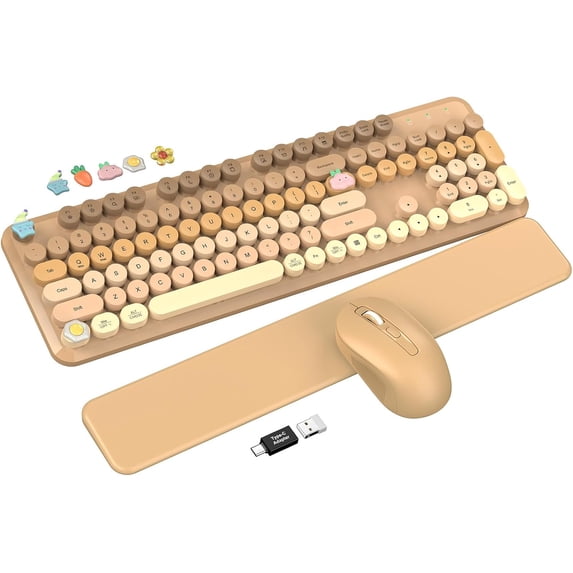 Wireless Keyboard and Mouse Combo, Retro Round Keycaps, Full Size with Detachable Wrist Rest, 2.4G for PC,Ombre Latte Beige