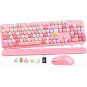 Wireless Keyboard and Mouse Combo Latte, Retro Round Keycaps, Full Size with Detachable Wrist Rest, 2.4G for PC Mac Windows