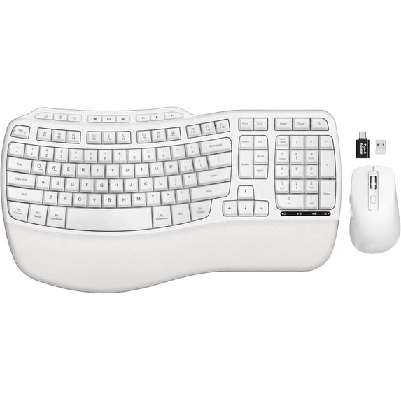 Ergonomic Wireless Keyboard and Mouse Combo, 2.4G Full Size Wave Keyboard with Cushioned Palm Rest, 3 DPI Adjustable Mouse, USB-A & C Compatible with Computer, Laptop, Mac & Tablet