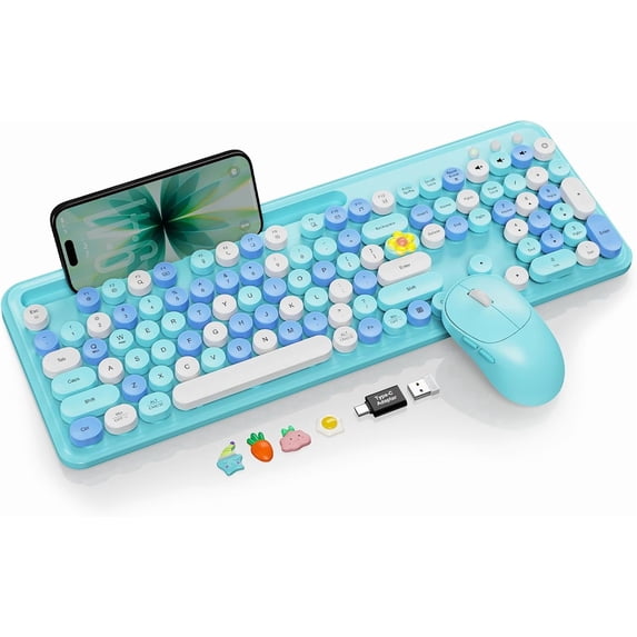 Wireless Keyboard and Mouse Combo, Typewriter Style Round Keycaps, Full Size Keyboard with Phone Tablet Holder, 2.4GHz USB for Windows PC Laptop