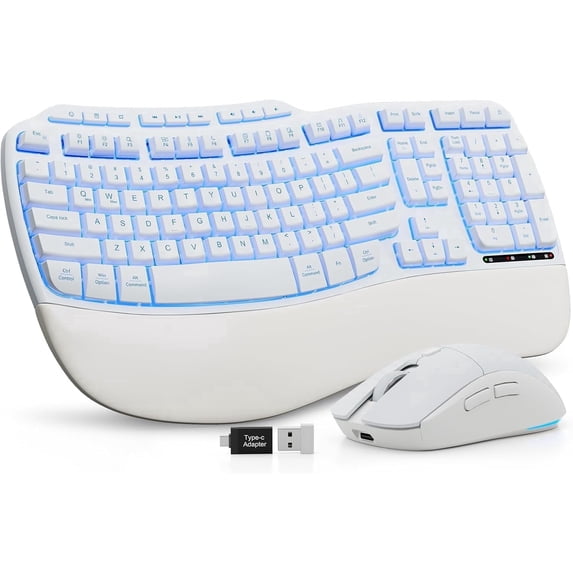 Ergonomic Wireless Keyboard and Mouse Combo, 4000mAh Rechargeable Backlit Keyboard with Lambskin Wrist Rest, Wave Keys, 10M Keystroke, USB-A/C Plug & Play for Windows Mac Chrome OS