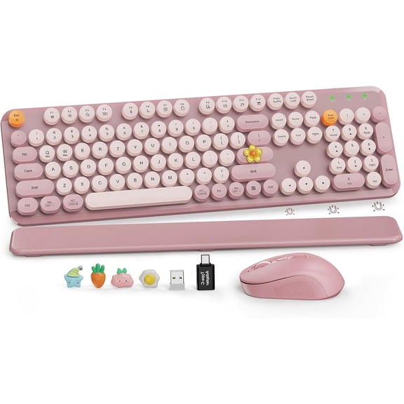 Wireless Keyboard and Mouse Combo Latte, Retro Round Keycaps, Full Size with Detachable Wrist Rest, 2.4G for PC Mac Windows