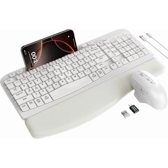 Ergonomic Wireless Keyboard & Mouse Combo - Rechargeable Type-C, Cushioned Wrist Rest, 7.28” Phone Holder, Silent Mouse, 2.4G Lag-Free for Windows/Mac,White