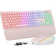 Wireless Keyboard and Mouse Combo, Rechargeable RGB Backlit with Light Up Letters, for Mac, Windows, PC & Laptop, Pastel Pink