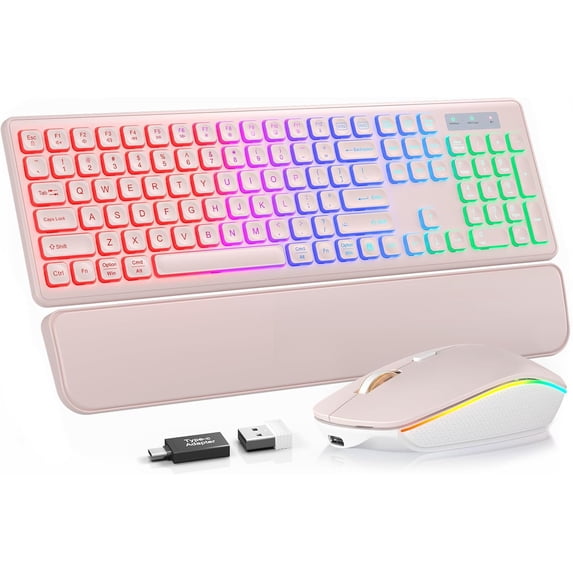 Wireless Keyboard and Mouse Combo, Rechargeable RGB Backlit with Light Up Letters, for Mac, Windows, PC & Laptop, Pastel Pink