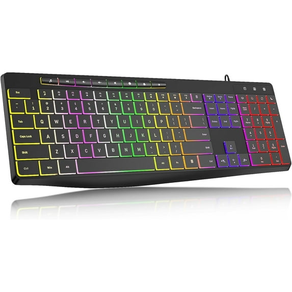 Computer Keyboard Wired,7-Color Rainbow LED Backlit, Quiet Light Up Keyboard with Multimedia Keys,Low Profile Chiclet Keys,Large Number Pad,Spill-Resistant, Anti-Wear Letters for Windows Mac PC Lapto