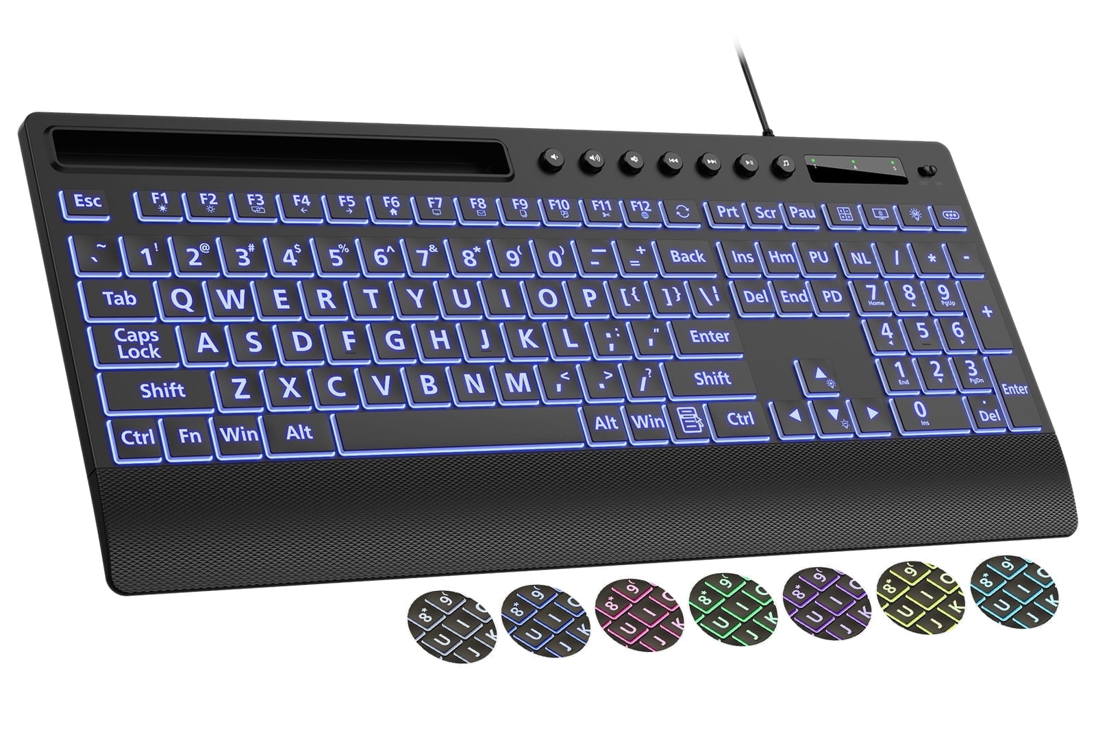 Large Print Wired Backlit Keyboard with Wrist Rest, Phone Holder, Backlight Memory, Quiet Keys, Ergonomic Keyboard for PC Laptop