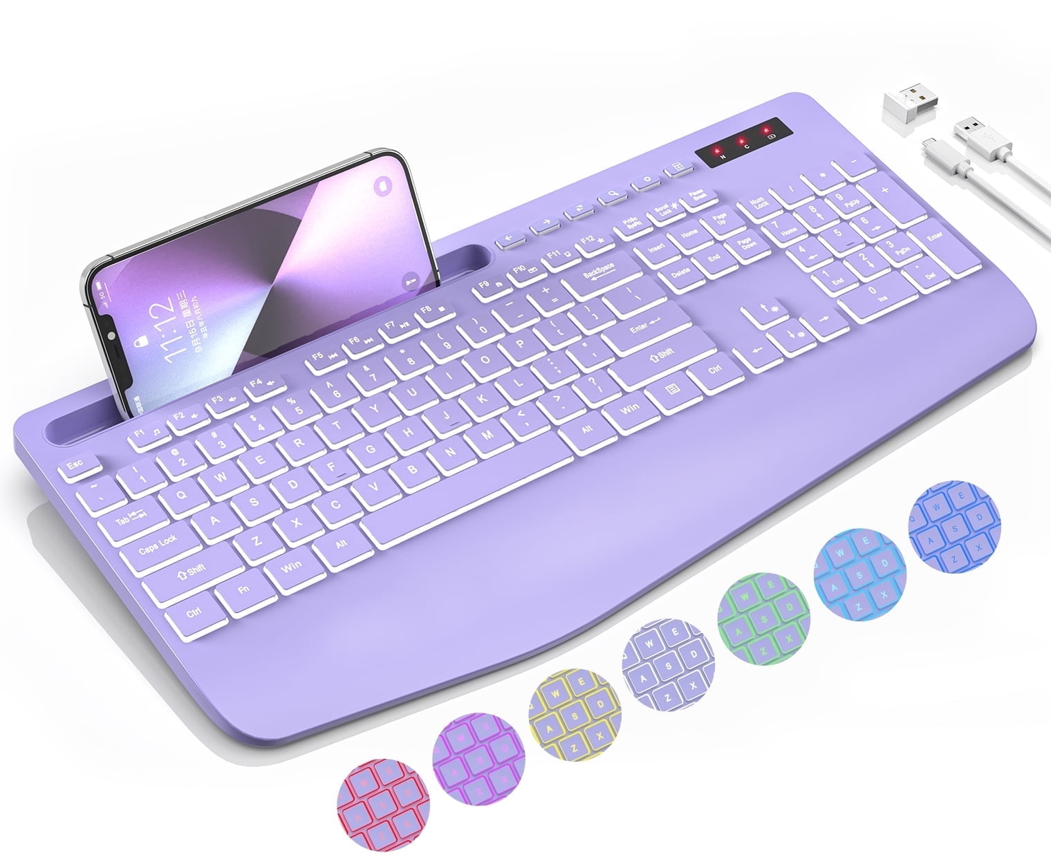 Wagpak Wireless Keyboard 7 Color Backlit Wrist Rest Rechargeable 112 Keys Quiet Keyboard-Purple