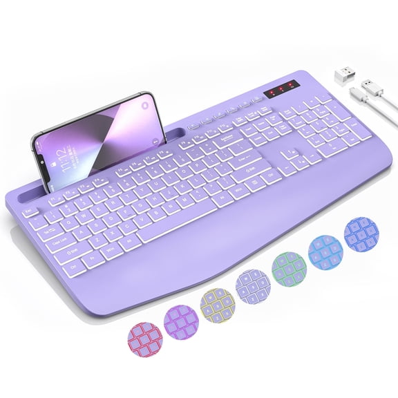 Wagpak Wireless Keyboard 7 Color Backlit Wrist Rest Rechargeable 112 Keys Quiet Keyboard-Purple