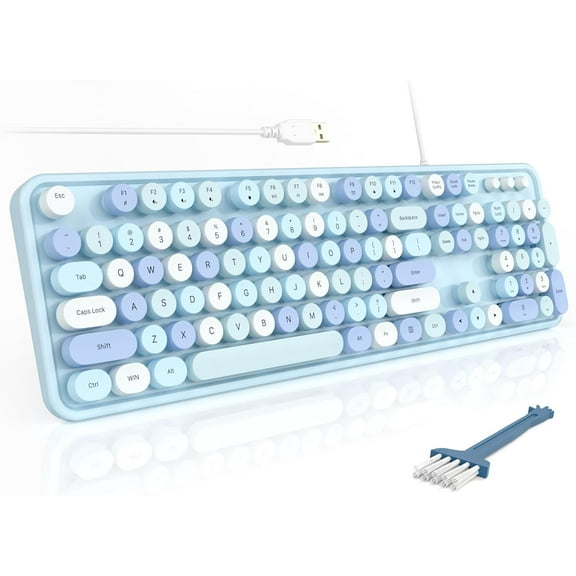 Computer Keyboards Wired, Plug Play USB Full Size Typewriter Keyboard, Cute Colorful Aesthetic Keyboard with Foldable Stands for Windows PC Laptop (Blue Colorful)