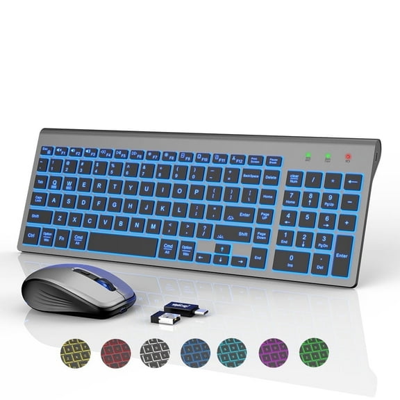 Wireless Keyboard and Mouse Combo - Quiet Backlit Keyboard with RGB Mouse, Rechargeable, Slim, Sleep Mode for Windows, Mac, Laptop - Space Gray-Wagpak