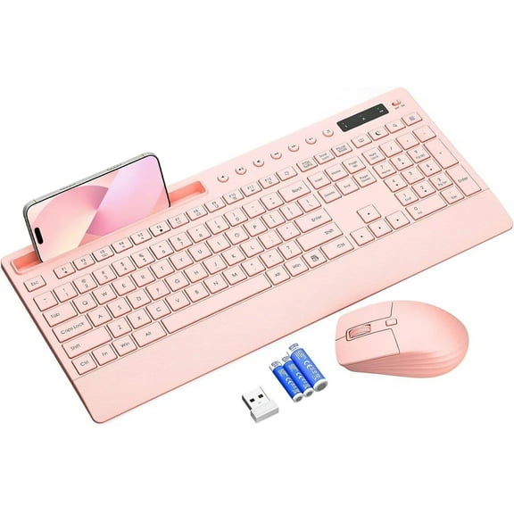 Wireless Keyboard and Mouse Combo with Full-Size Quiet, Palm Rest, Phone Holder, Multimedia Keys, Batteries Included, Compatible with Windows, PC, Laptop - Pink