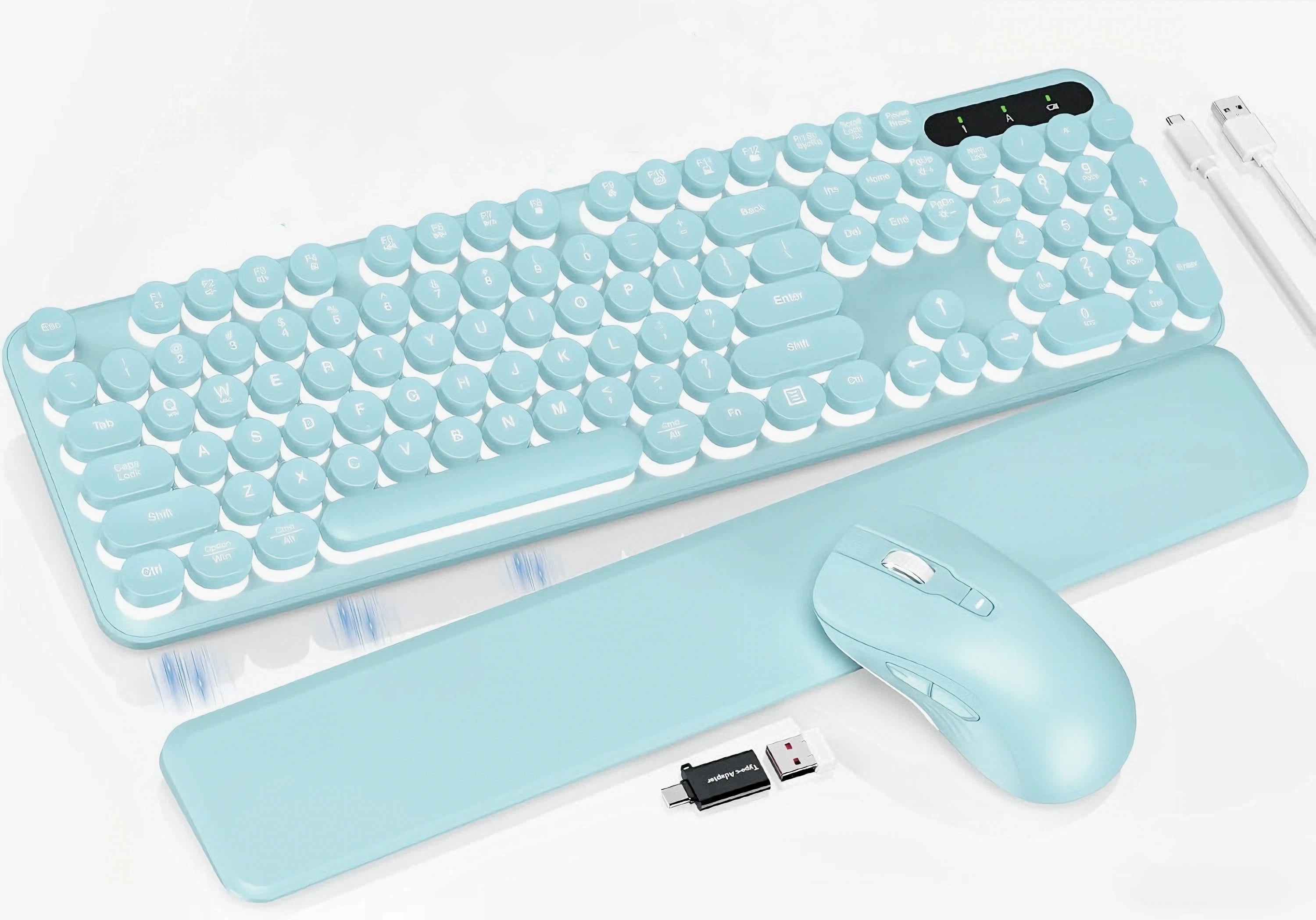 Wagpak Wireless Keyboard and Mouse Backlit - Retro Round Keycaps, Detachable Wrist Rest, Mint Green, New, 1 Count