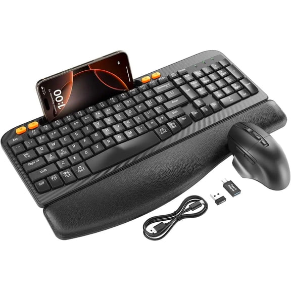 Ergonomic Wireless Keyboard & Mouse Combo - Rechargeable Type-C, Cushioned Wrist Rest, 7.28” Phone Holder, Silent Mouse, 2.4G Lag-Free for Windows/Mac