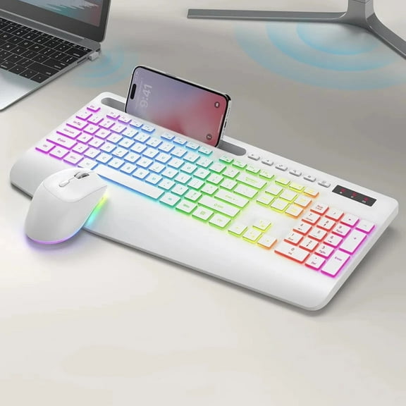 Wireless Keyboard and Mouse Combo with 9 Backlit, Wrist Rest & Phone Holder, White