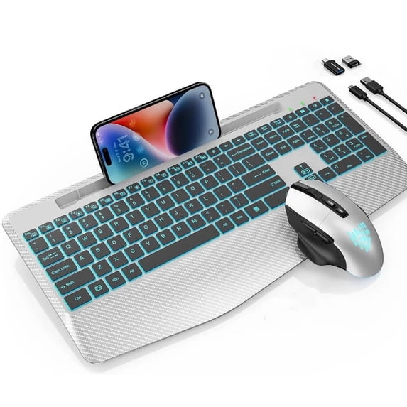 Wireless Keyboard and Mouse Backlit, Rechargeable Ergonomic Keyboard with Wrist Rest, LED Mouse, Phone Holder, Silent for Computer, Mac, PC, Laptop, Chromebook-Silver Black