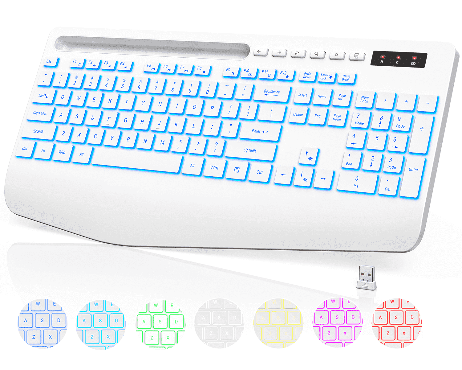 Wagpak Wireless Keyboard 7 Color Backlit Wrist Rest Rechargeable 112 Keys Quiet Keyboard-White