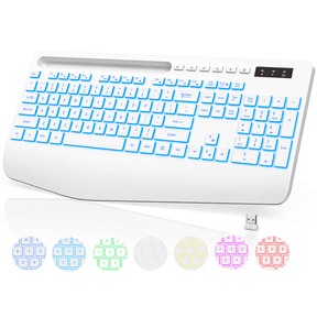 Wagpak Wireless Keyboard 7 Color Backlit Wrist Rest Rechargeable 112 Keys Quiet Keyboard-White