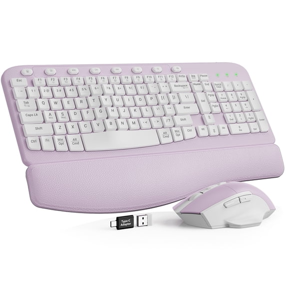 Ergonomic Wireless Keyboard and Mouse Combo, Leather Cushioned Palm Rest, Wave Keys, Silent Typing, 2.4G Lag-Free-Wagpak-Purple