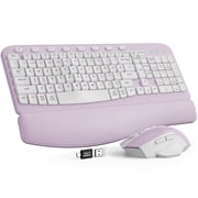 Ergonomic Wireless Keyboard and Mouse Combo, Leather Cushioned Palm Rest, Wave Keys, Silent Typing, 2.4G Lag-Free-Wagpak-Purple