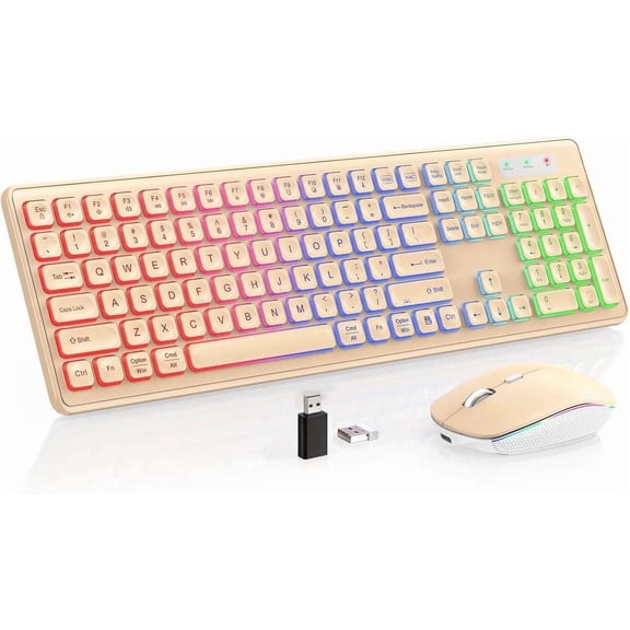 Wagpak Wireless Keyboard and Mouse Combo RGB Backlit Rechargeable 2.4GHz Quiet 108 Keys Keyboard-Desert Gold