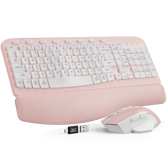 Ergonomic Wireless Keyboard and Mouse Combo, Leather Cushioned Palm Rest, Wave Keys, Silent Typing, 2.4G Lag-Free-Wagpak-Pink