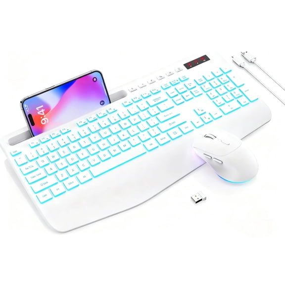 Wagpak Wireless Keyboard and Mouse Combo with 7 Color Backlit Palm Rest Phone Holder for PC, Laptop Black