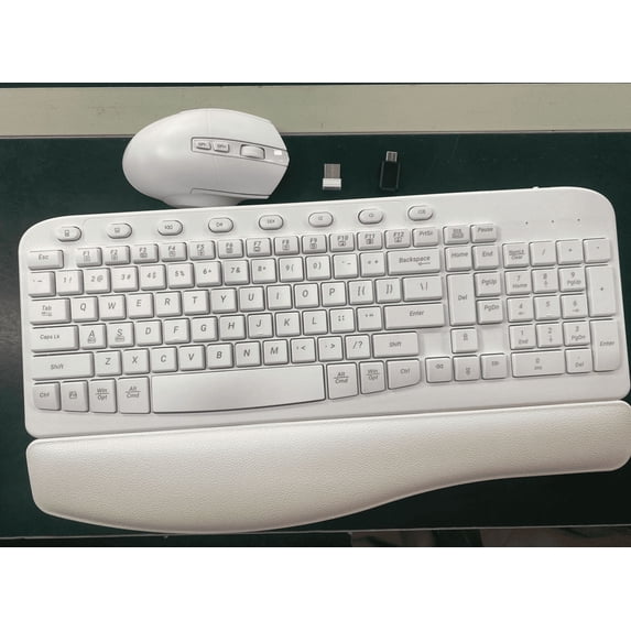 Ergonomic Wireless Keyboard and Mouse Combo, Leather Cushioned Palm Rest, Wave Keys, Silent Typing, 2.4G Lag-Free-Wagpak-White