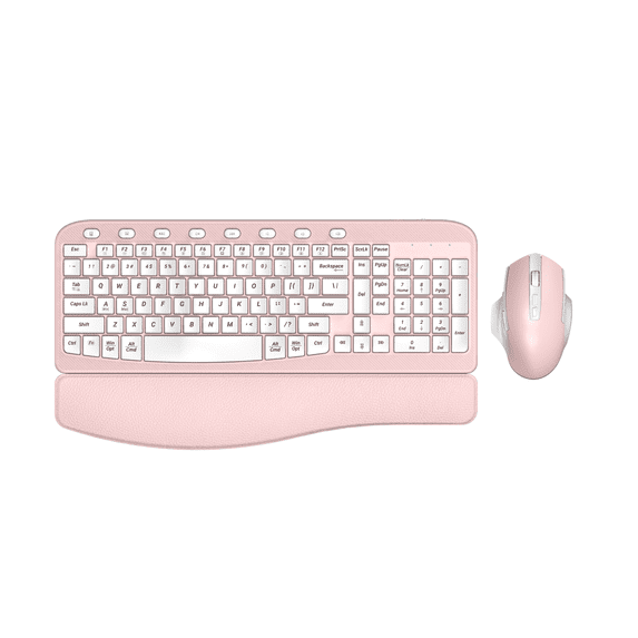 Ergonomic Wireless Keyboard and Mouse Combo, Leather Cushioned Palm Rest, Wave Keys, Silent Typing, 2.4G Lag-Free-Wagpak-Pink