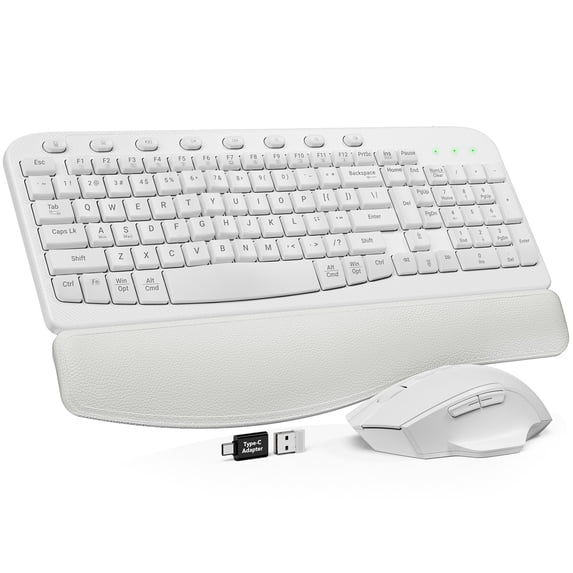 Ergonomic Wireless Keyboard and Mouse Combo, Leather Cushioned Palm Rest, Wave Keys, Silent Typing, 2.4G Lag-Free-Wagpak-White