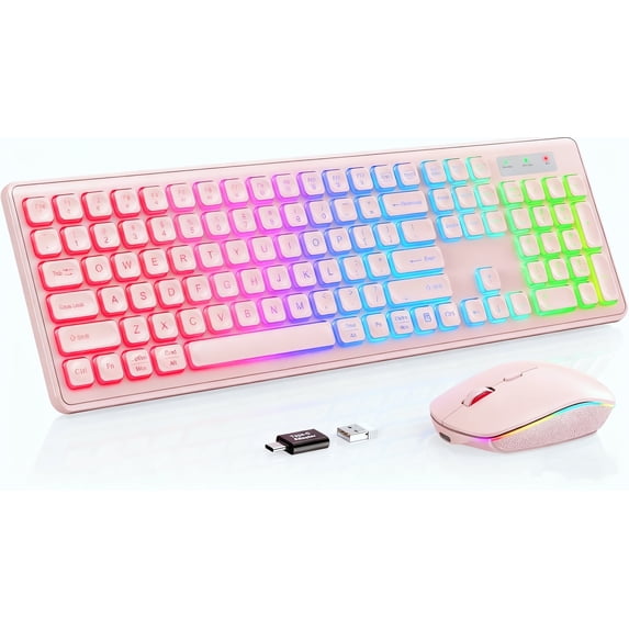 Wagpak Wireless Keyboard and Mouse Combo RGB Backlit Rechargeable 2.4GHz Quiet 108 Keys Keyboard-Light Pink