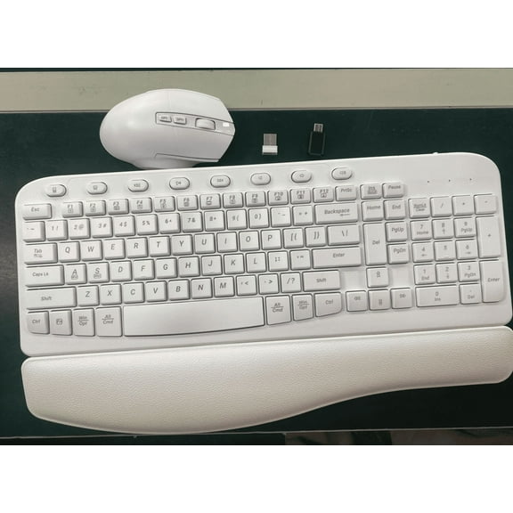 Ergonomic Wireless Keyboard and Mouse Combo, Leather Cushioned Palm Rest, Wave Keys, Silent Typing, 2.4G Lag-Free-Wagpak-White
