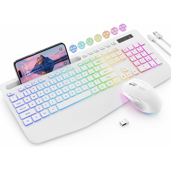 Wireless Keyboard and Mouse Combo with 9 Backlit, Wrist Rest & Phone Holder, White