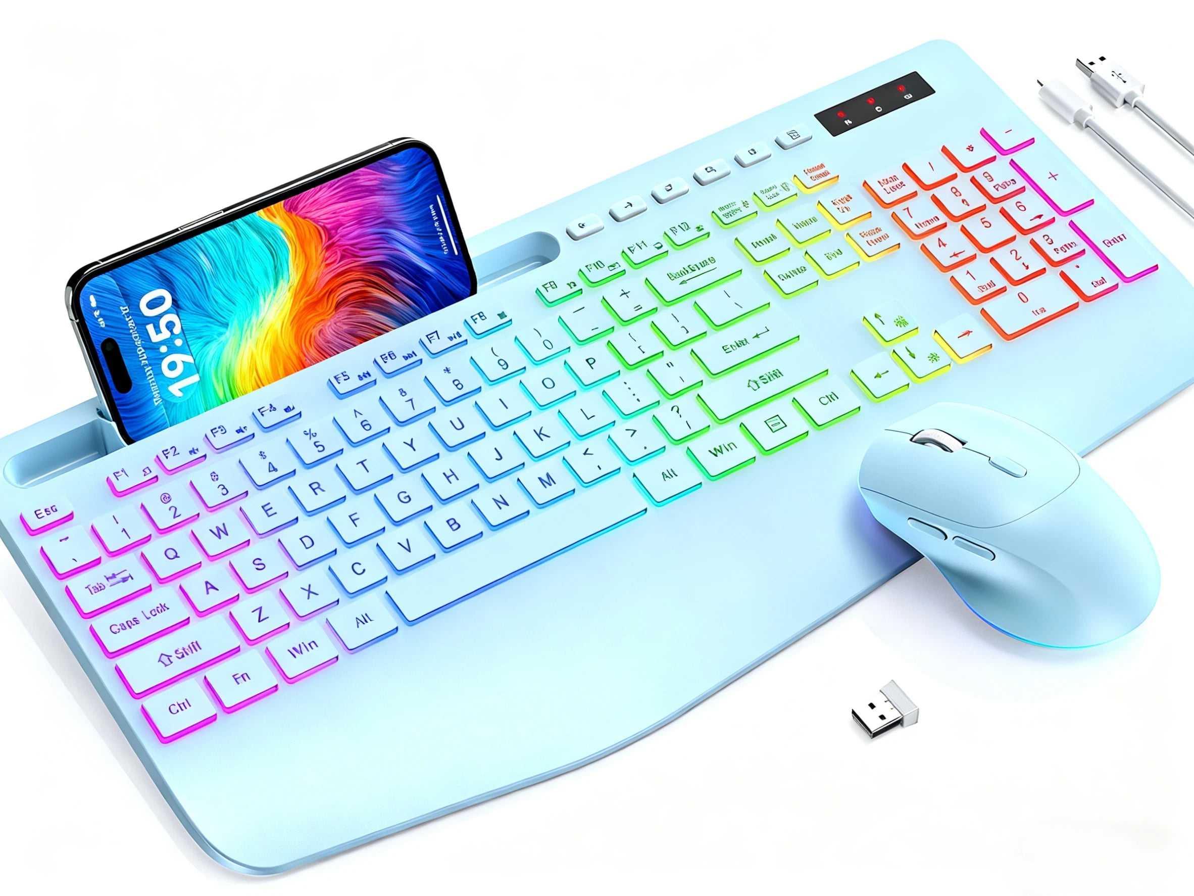 Wireless Keyboard and Mouse Combo with 9 Backlit, Wrist Rest & Phone Holder, Sky Blue