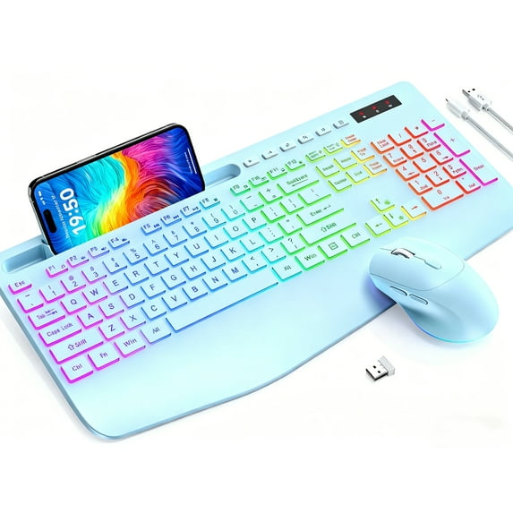 Wireless Keyboard and Mouse Combo with 9 Backlit, Wrist Rest & Phone Holder, Sky Blue