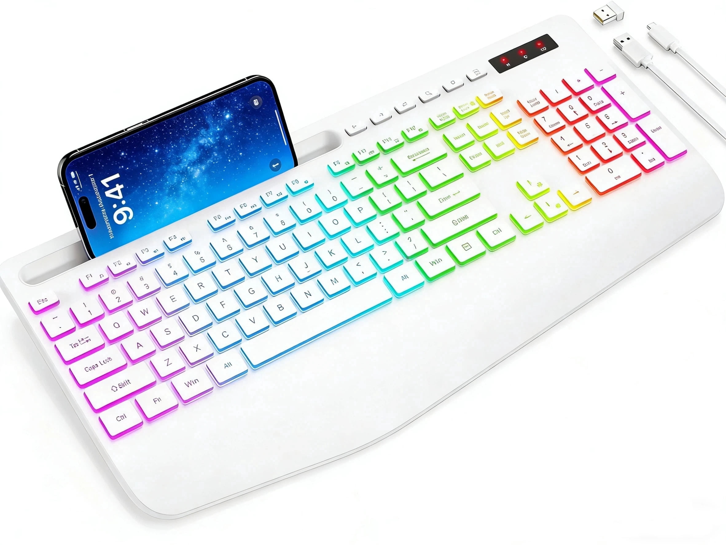 Wireless Keyboard Rechargeable Ergonomic with 9 Effects Backlits, Wrist Rest, Phone Holder, Silent Keys for PC, Laptop, Windows, Mac