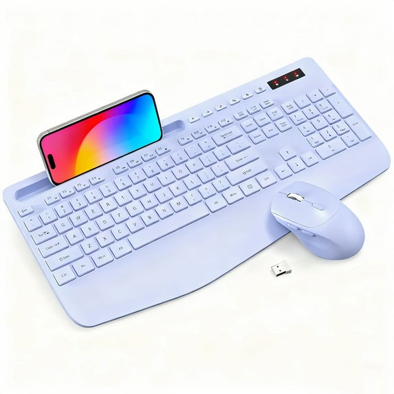 Wagpak Wireless Keyboard & Mouse Combo Wrist Rest Ergonomic Phone Holder Silent for Computer,Laptop Purple